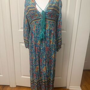 Bohemian Floral Green and Blue Cotton Maxi Dress Size 8/10